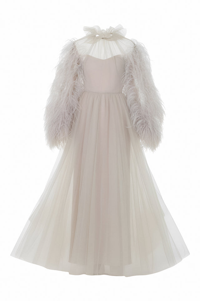Valentino Feather-Trimmed Tulle Gown - Soft Ivory