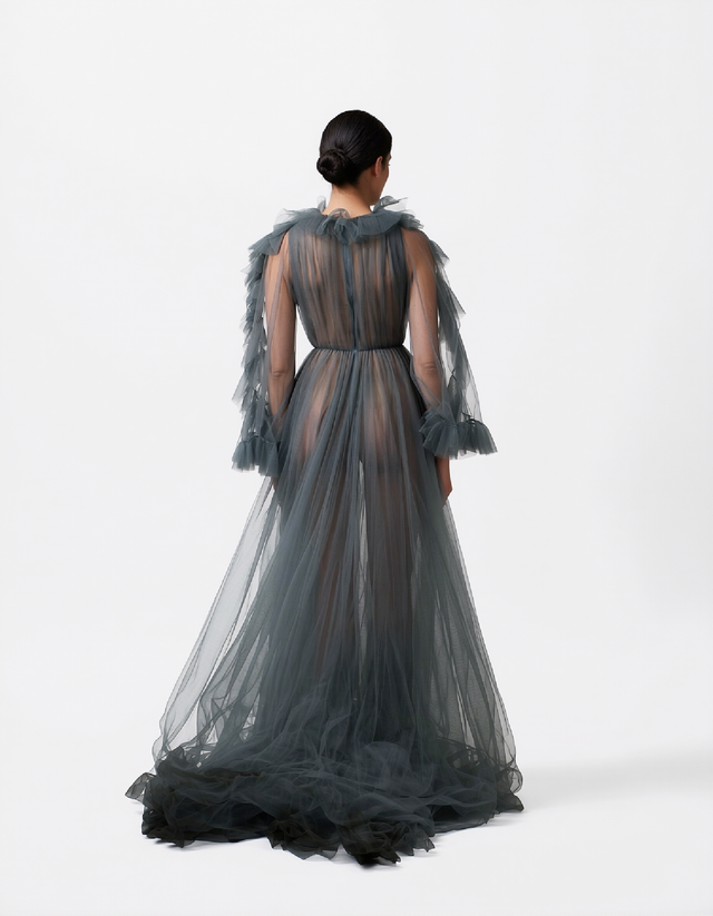 Valentino Sheer Tulle Ruffled Evening Gown