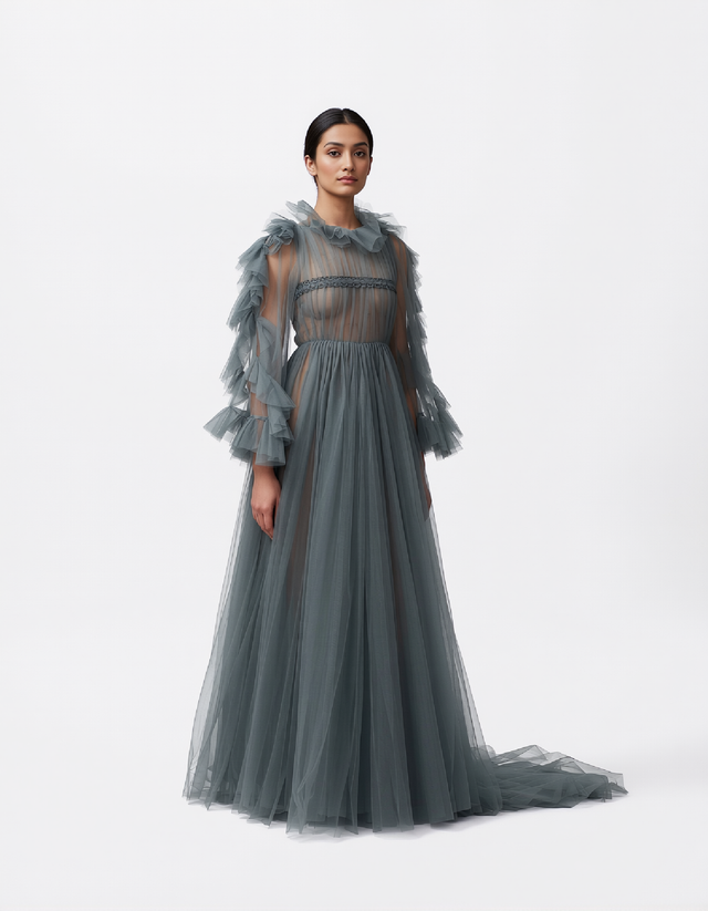 Valentino Sheer Tulle Ruffled Evening Gown