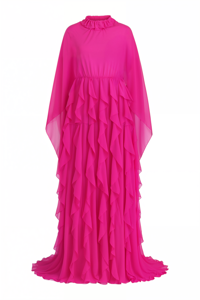 Valentino Garavani Fuchsia Silk Ruffle Gown with Cape Sleeves