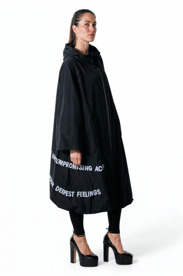 Valentino Black Oversized Hooded Poncho with Graphic Text