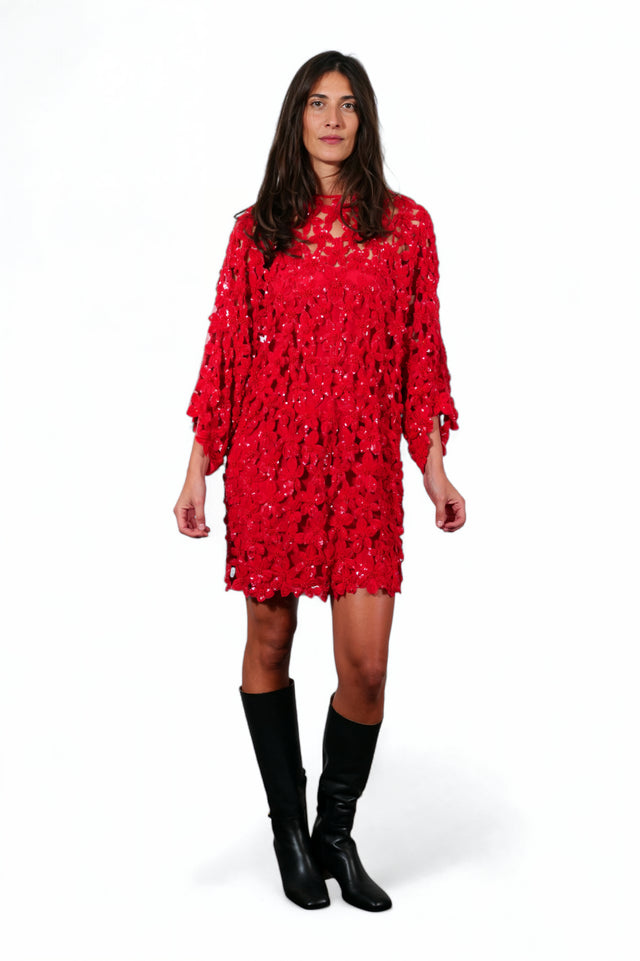 Valentino Red Floral Lace Mini Dress