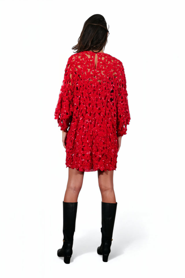Valentino Red Floral Lace Mini Dress