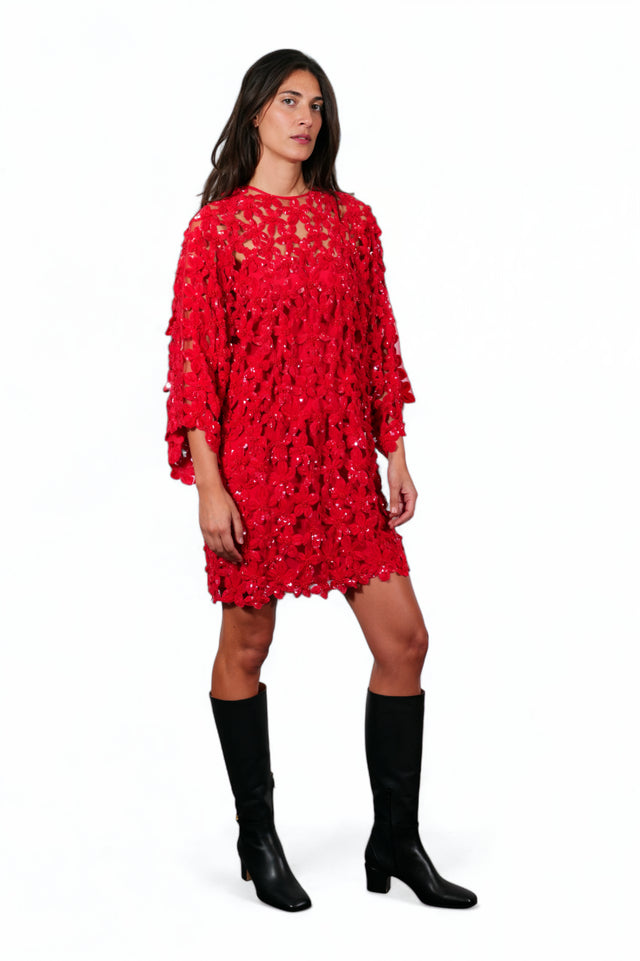 Valentino Red Floral Lace Mini Dress