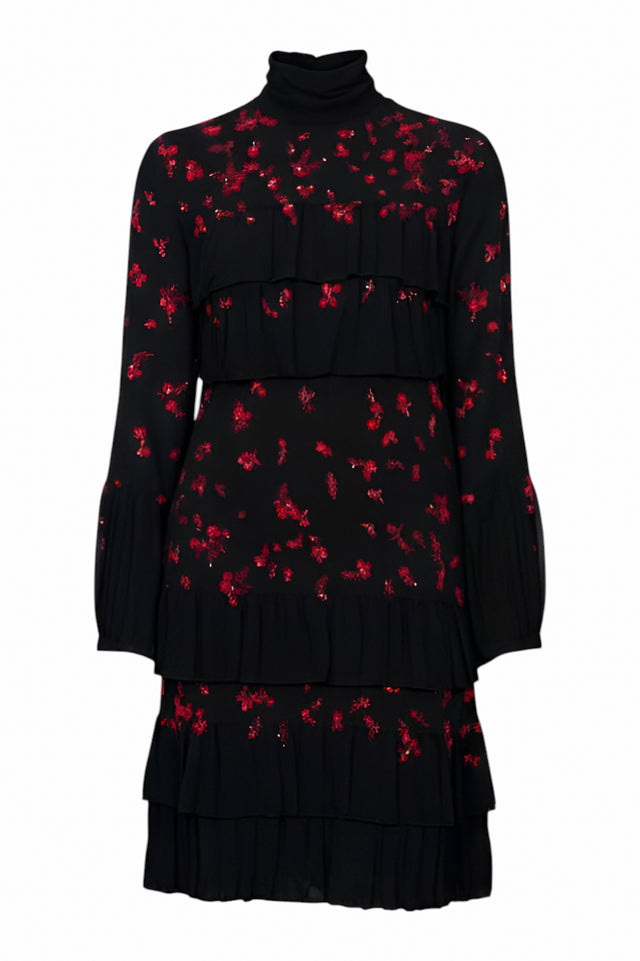 Valentino Black Tiered Midi Dress with Red Floral Embroidery