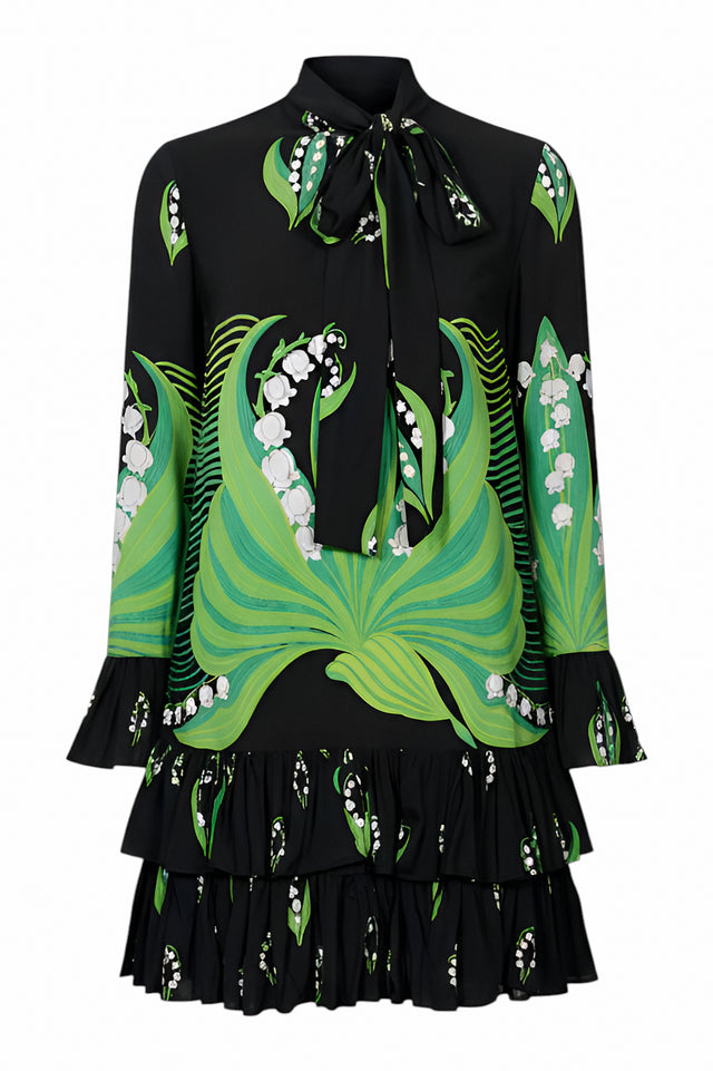 Valentino Lily-of-the-Valley Tie-Neck Dress