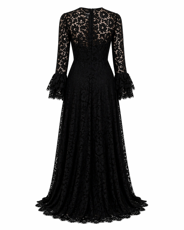Valentino Lace Evening Gown with Sheer Sleeves in Black