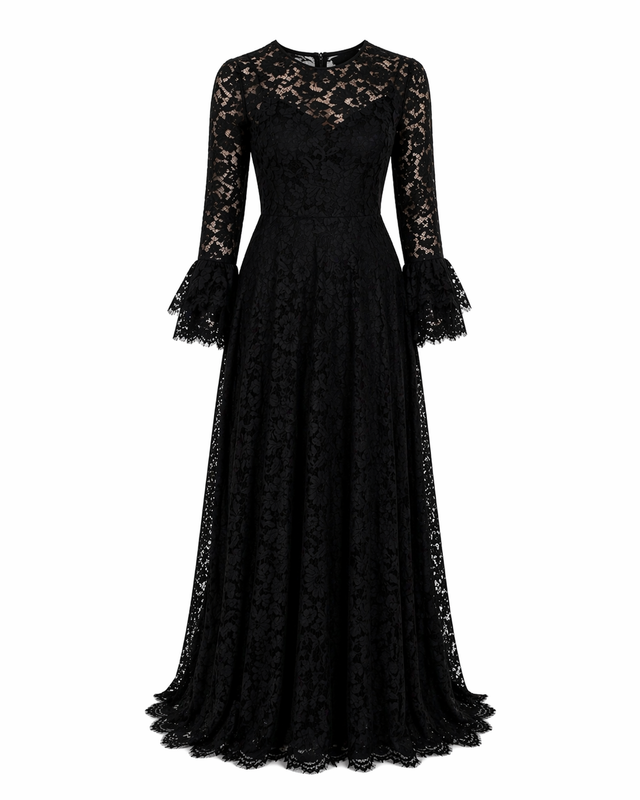 Valentino Lace Evening Gown with Sheer Sleeves in Black