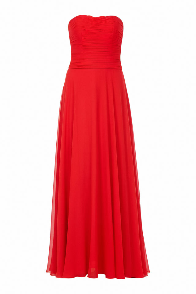 Valentino Strapless Ruched Chiffon Evening Gown in Red