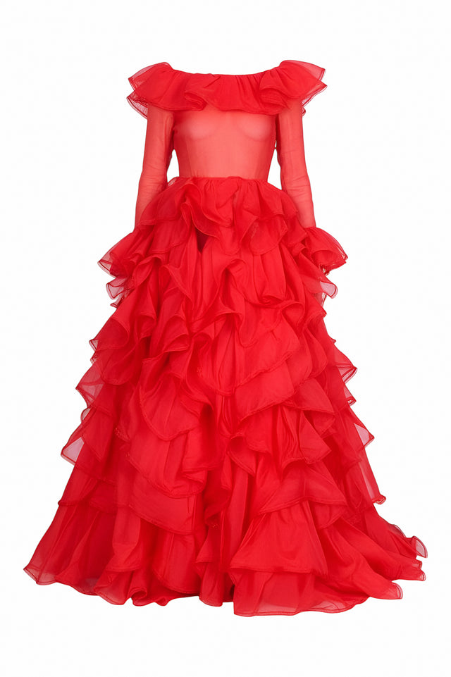 Valentino Sheer Ruffled Tulle Gown in Red