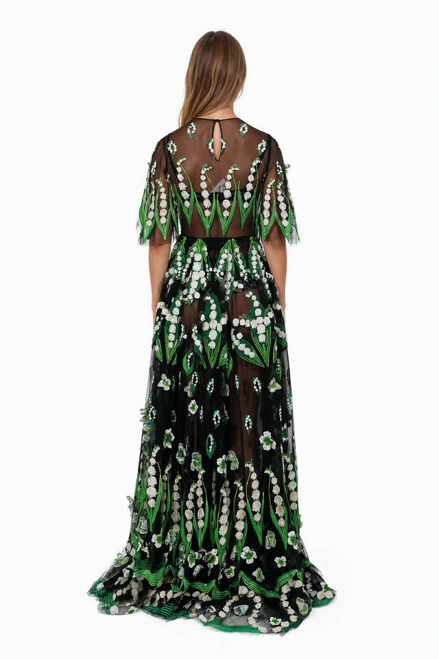 Valentino Embroidered Lily of the Valley Tulle Evening Gown in sheer black with white and green floral embroidery