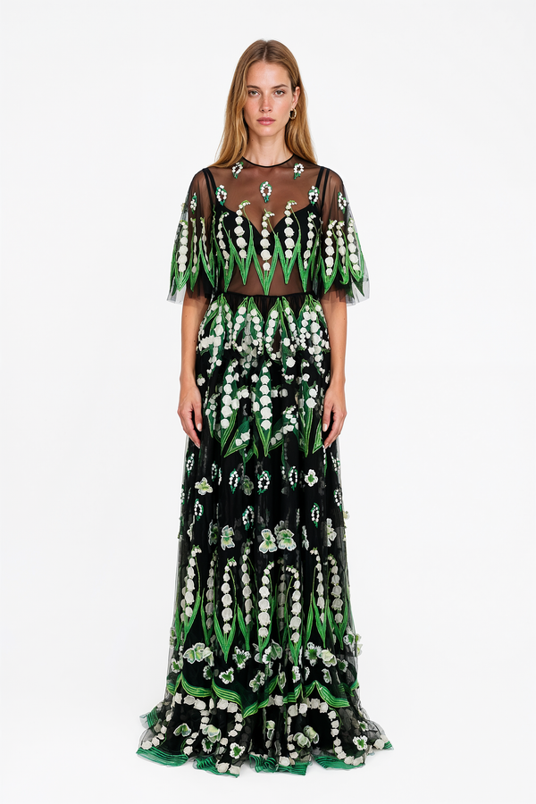 Valentino Embroidered Lily of the Valley Tulle Evening Gown in sheer black with white and green floral embroidery