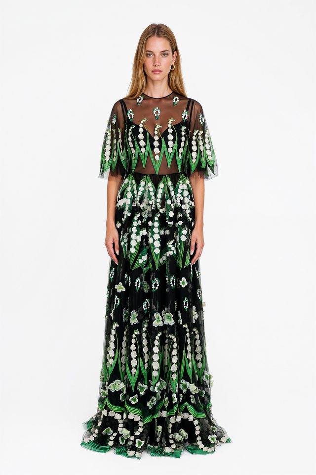 Valentino Embroidered Lily of the Valley Tulle Evening Gown in sheer black with white and green floral embroidery