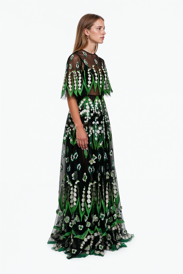 Valentino Embroidered Lily of the Valley Tulle Evening Gown in sheer black with white and green floral embroidery