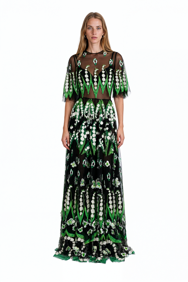 Valentino sheer black tulle gown with 3D lily of the valley embroidery and flutter sleeves