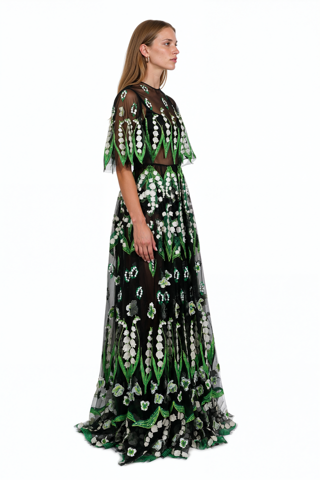 Valentino sheer black tulle gown with 3D lily of the valley embroidery and flutter sleeves