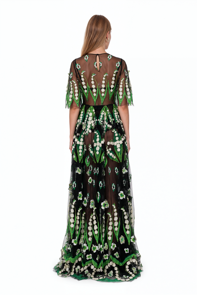 Valentino sheer black tulle gown with 3D lily of the valley embroidery and flutter sleeves