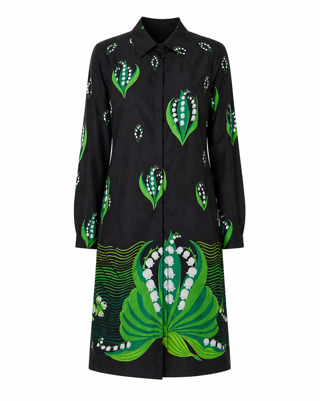 Valentino Lily Print Shirt Dress in Black & Green