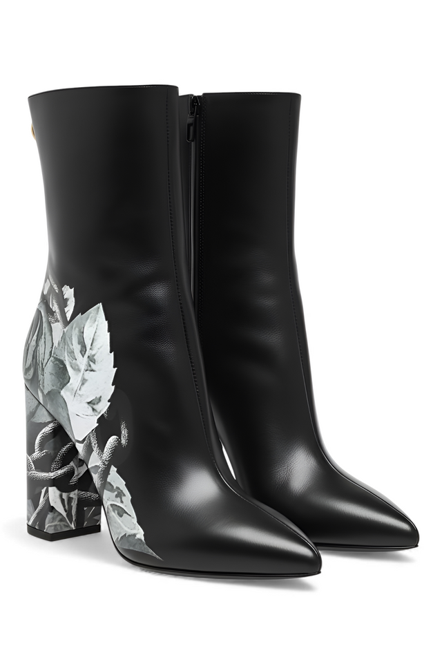 Valentino Garavani Floral-Print Leather Ankle Boots — Black & White