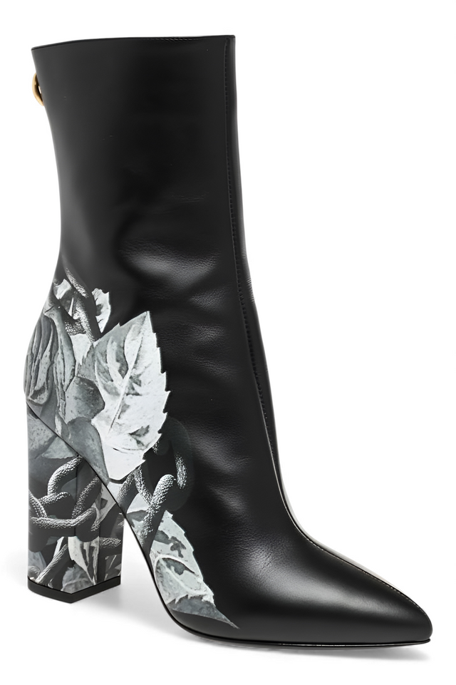 Valentino Garavani Floral-Print Leather Ankle Boots — Black & White