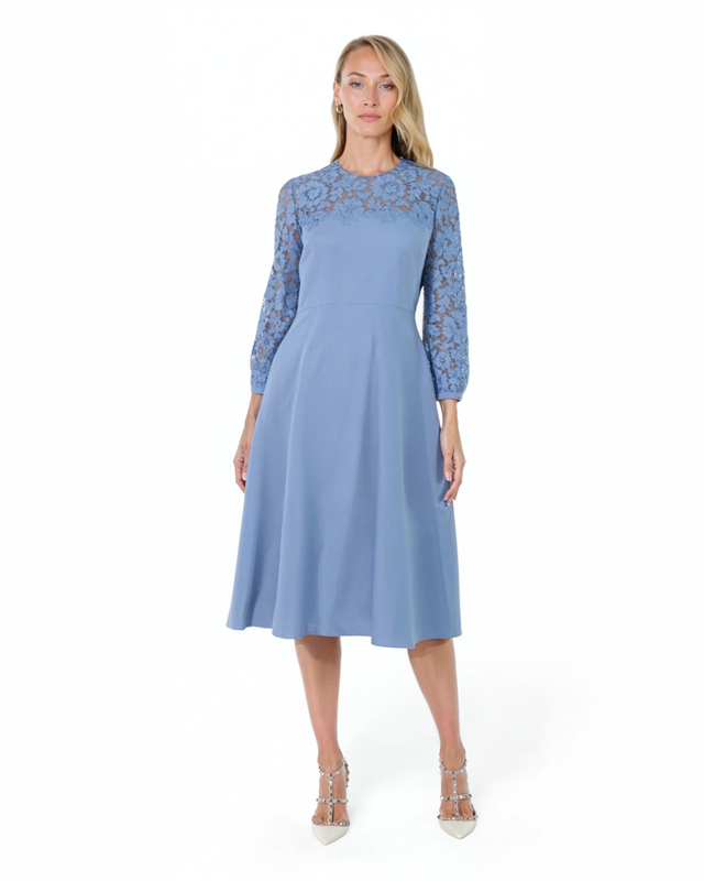 Valentino Lace-Trim Midi Dress in Soft Blue