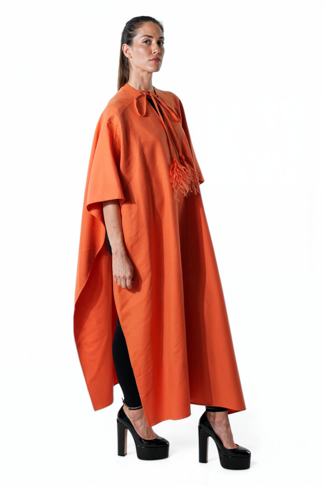 Valentino Feather-Detail Wool Cape in Sunset Orange