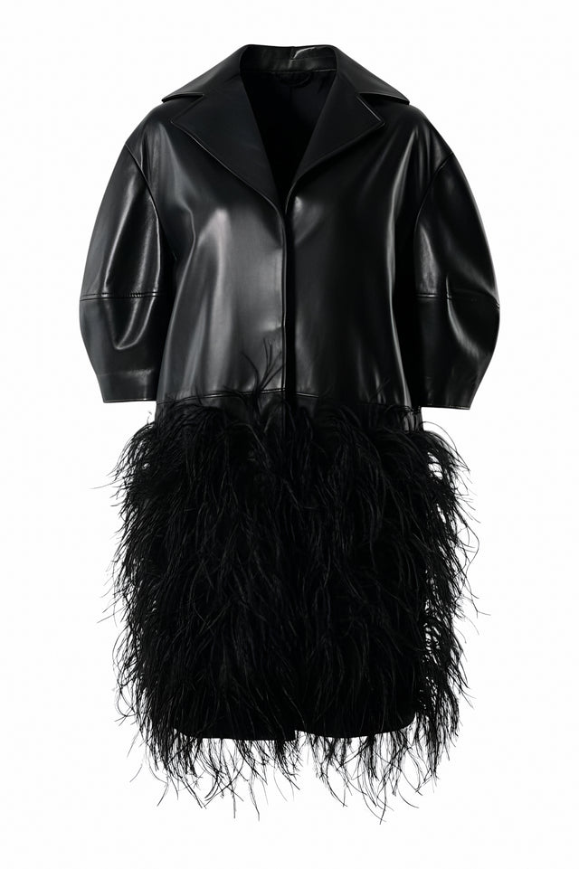 Valentino Black Leather and Feather Overlay Coat