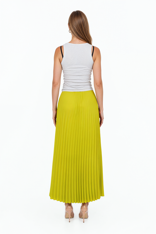 Valentino chartreuse green pleated silk chiffon A-line maxi skirt