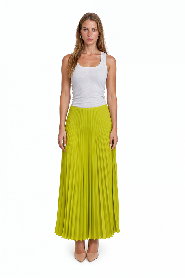 Valentino chartreuse green pleated silk chiffon A-line maxi skirt