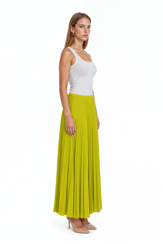 Valentino chartreuse green pleated silk chiffon A-line maxi skirt