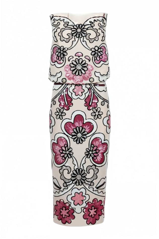 Valentino Embroidered Ivory Midi Dress with Pink and Black Floral Motif