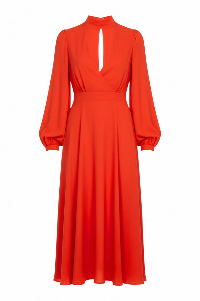 Valentino Red Long Sleeve Midi Dress with Scarf Neckline