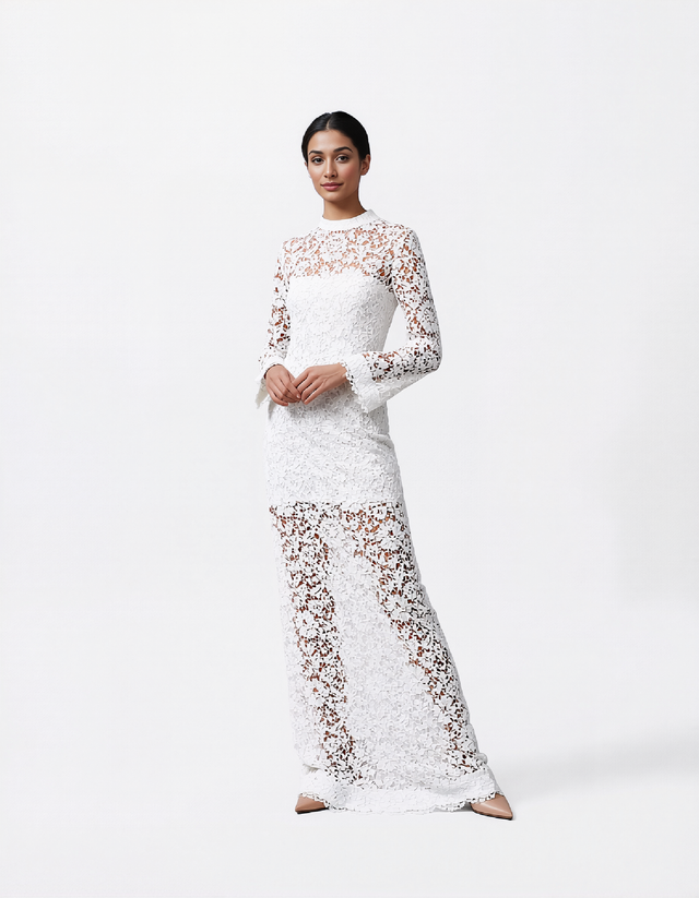 Valentino White Lace Long-Sleeve Column Gown