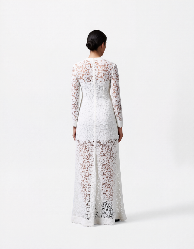 Valentino White Lace Long-Sleeve Column Gown