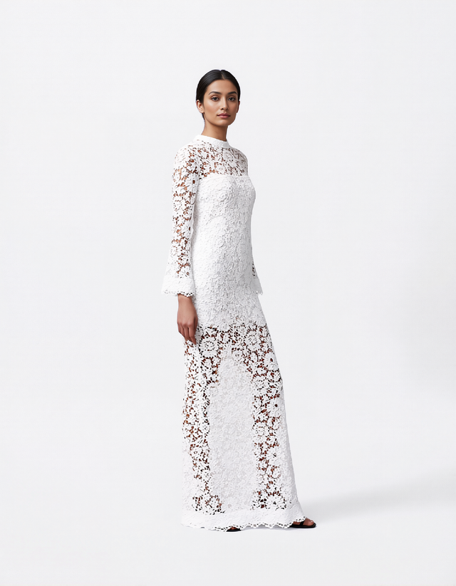 Valentino White Lace Long-Sleeve Column Gown
