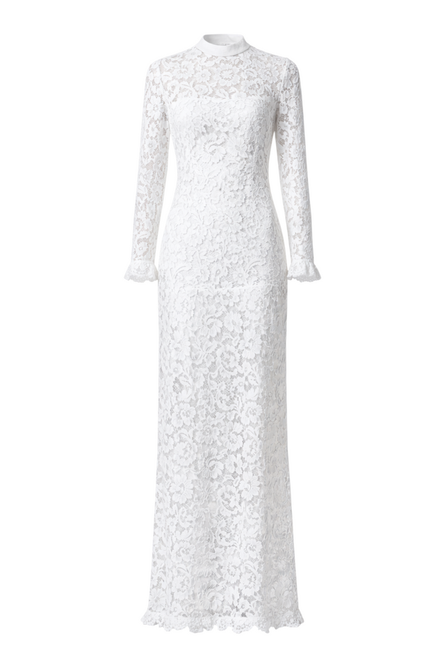 Valentino White Lace Long-Sleeve Column Gown