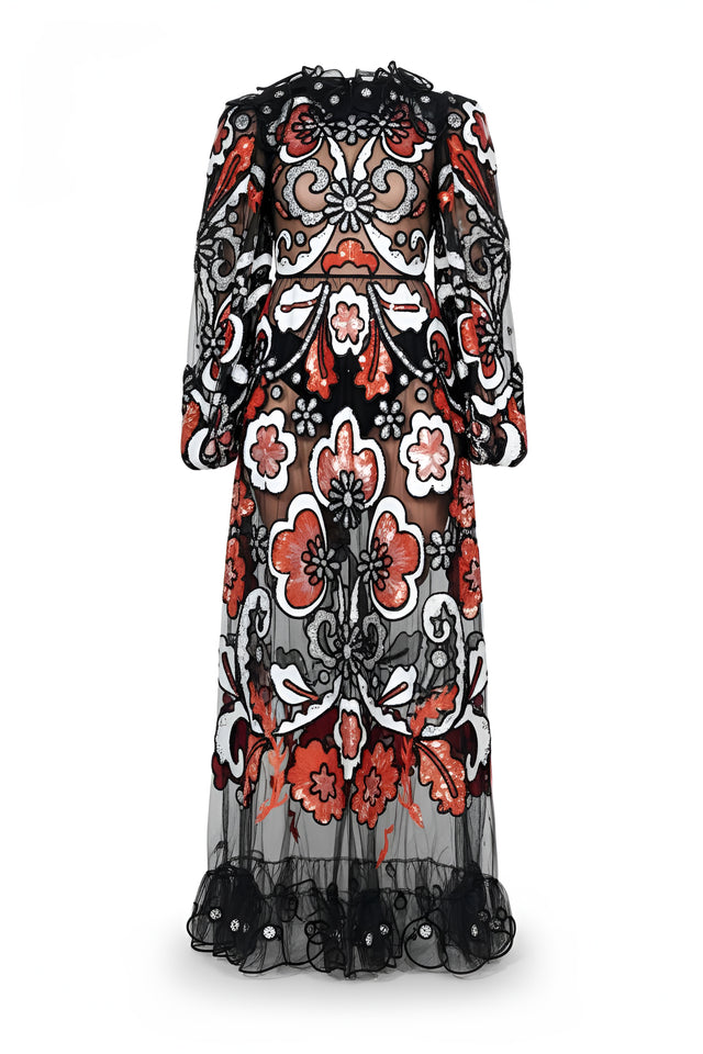 Valentino Embroidered Sheer Gown with Floral Appliqué