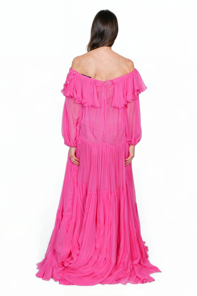 Valentino Off-Shoulder Tiered Maxi Dress in Vibrant Pink