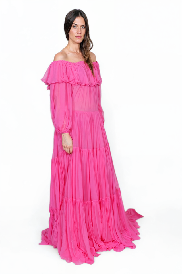 Valentino Off-Shoulder Tiered Maxi Dress in Vibrant Pink