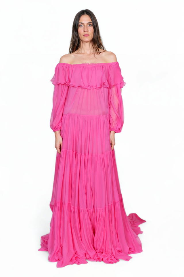 Valentino Off-Shoulder Tiered Maxi Dress in Vibrant Pink