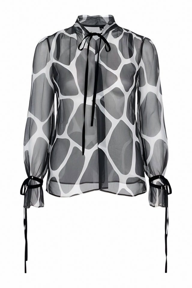 Valentino Sheer Giraffe-Print Silk Blouse with Tie Neck
