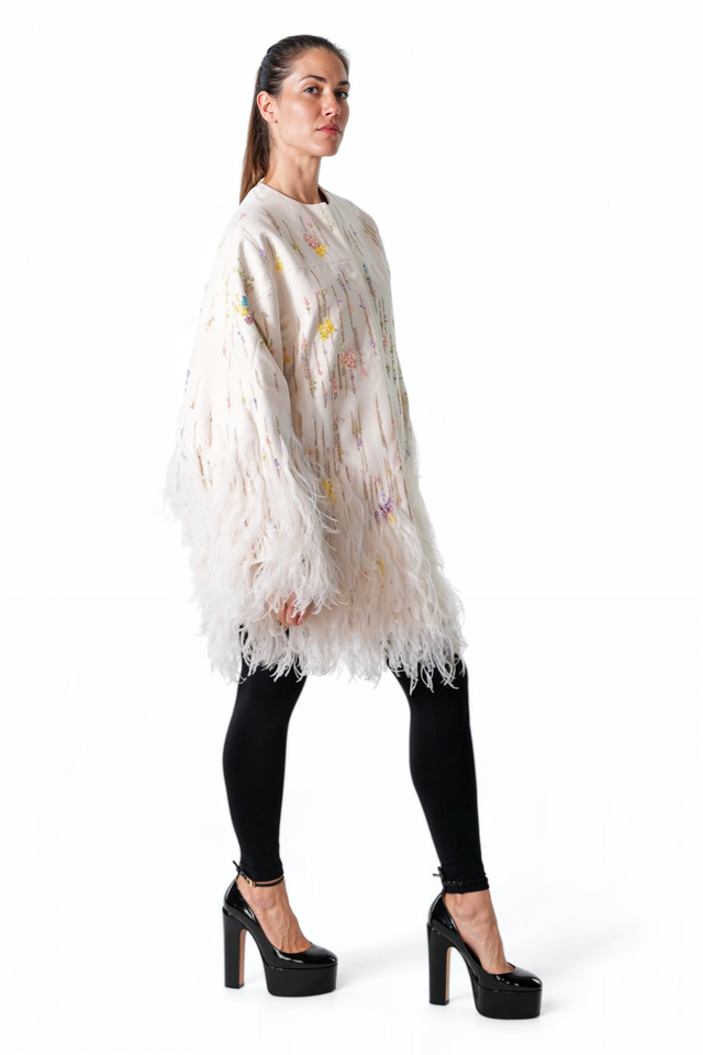 Valentino Ivory Feathered Embroidered Cape