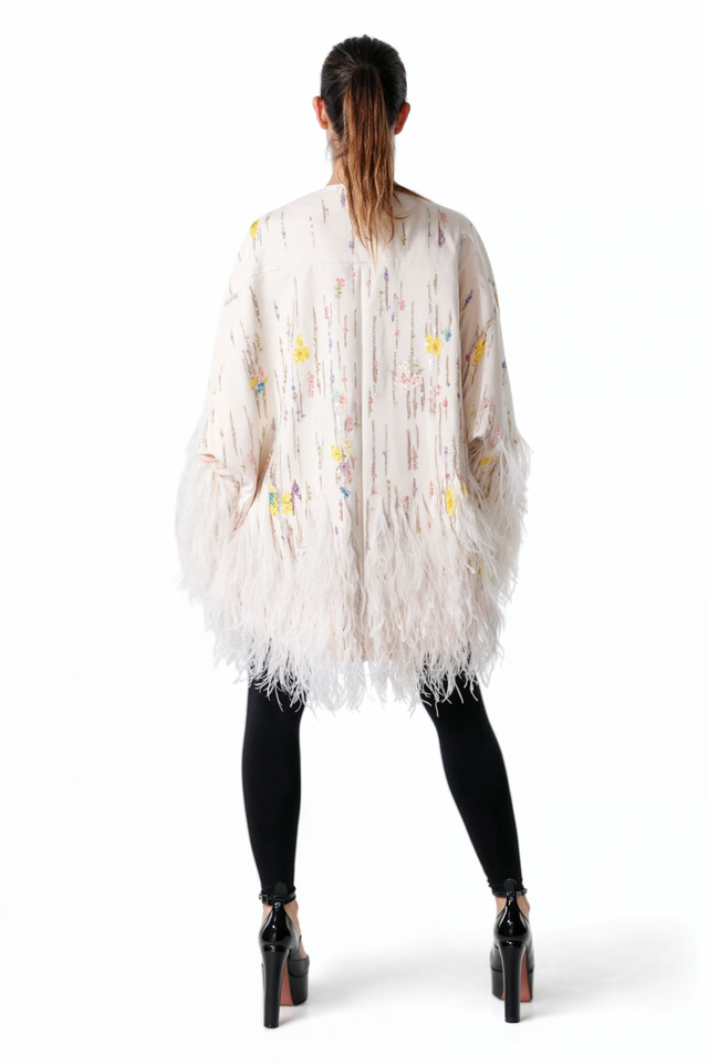 Valentino Ivory Feathered Embroidered Cape