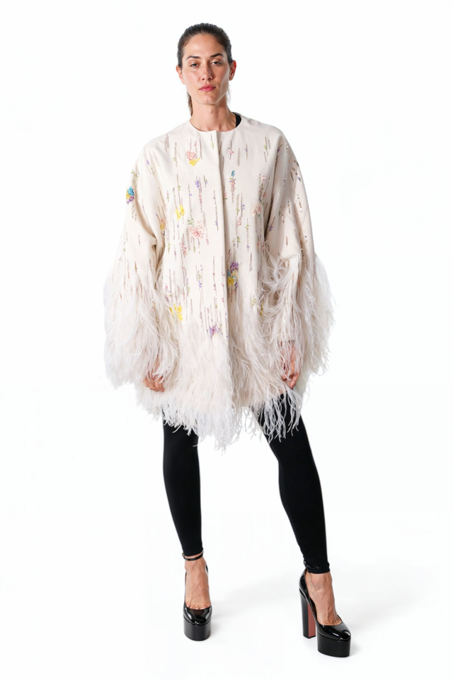 Valentino Ivory Feathered Embroidered Cape