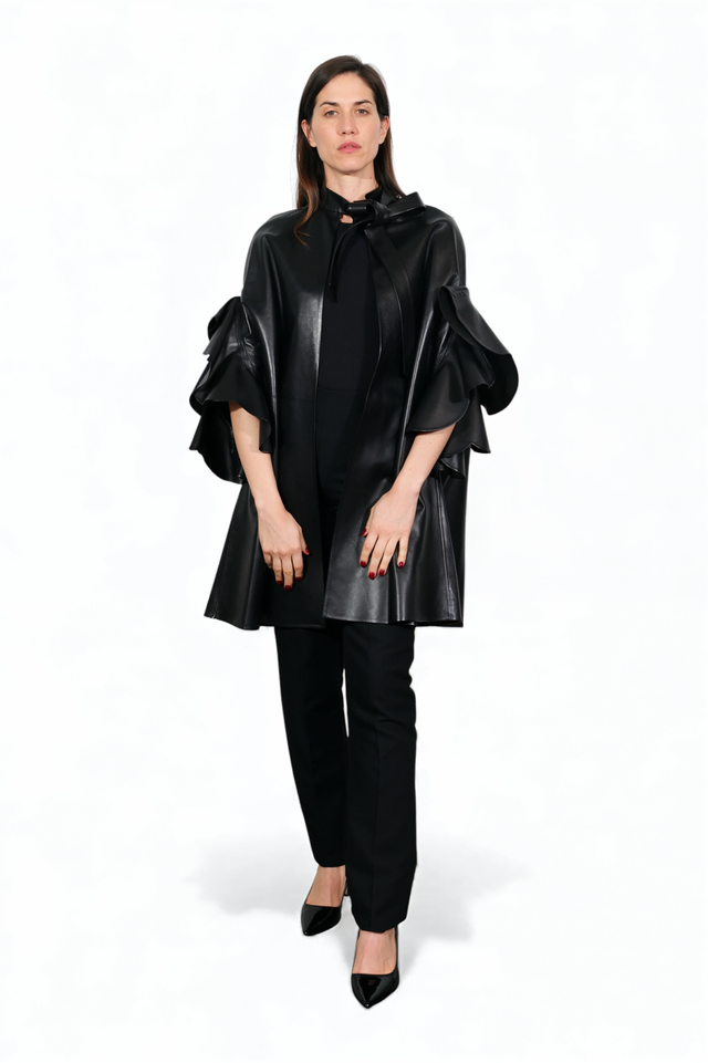 Black Ruffled Leather Cape Coat