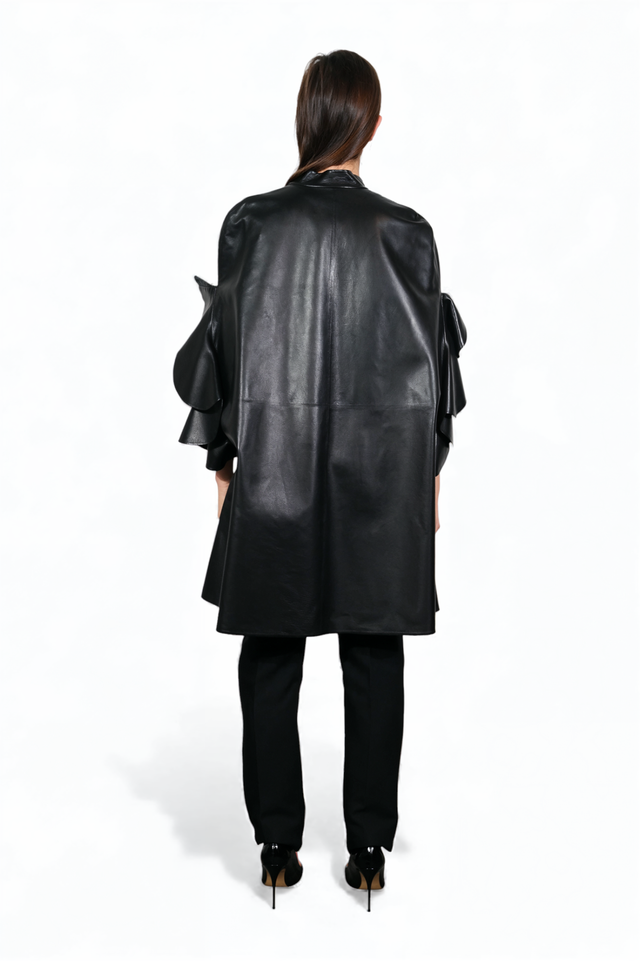 Black Ruffled Leather Cape Coat