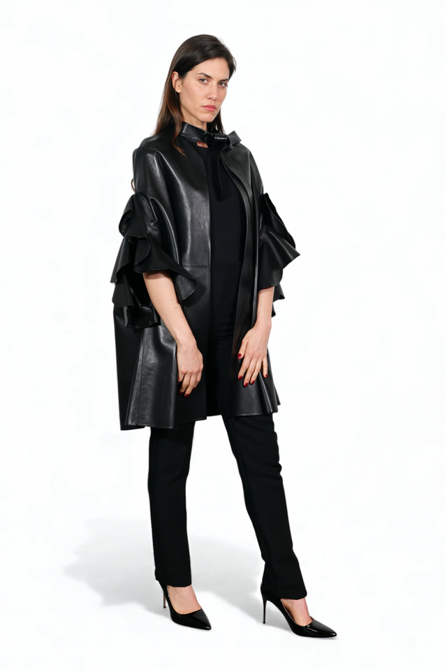 Black Ruffled Leather Cape Coat