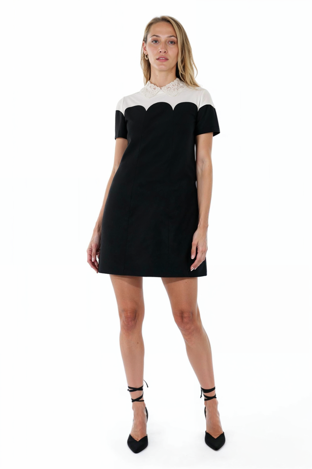 Valentino Scalloped Black & White Mini Dress with Lace Collar