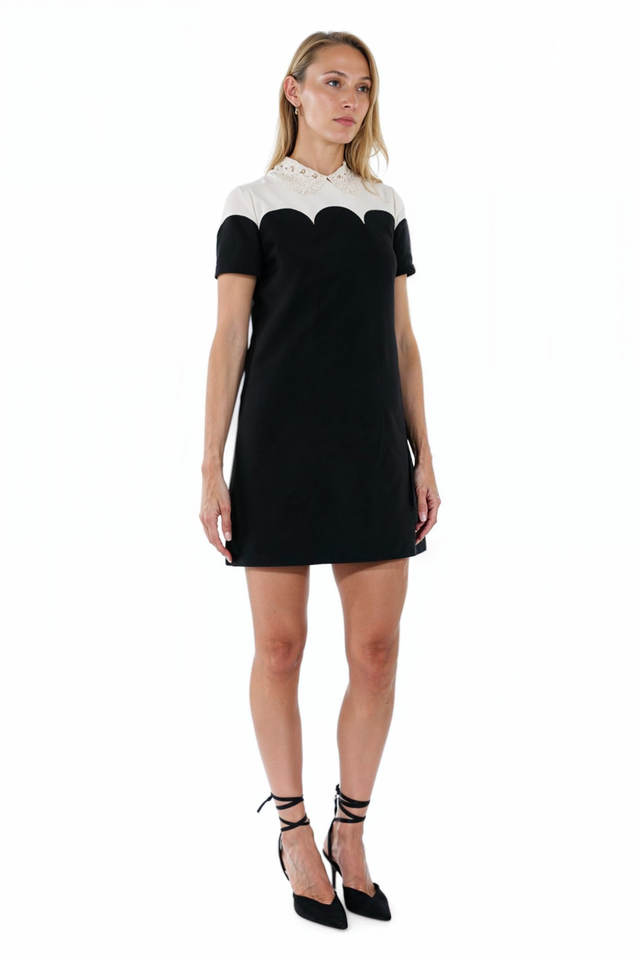 Valentino Scalloped Black & White Mini Dress with Lace Collar