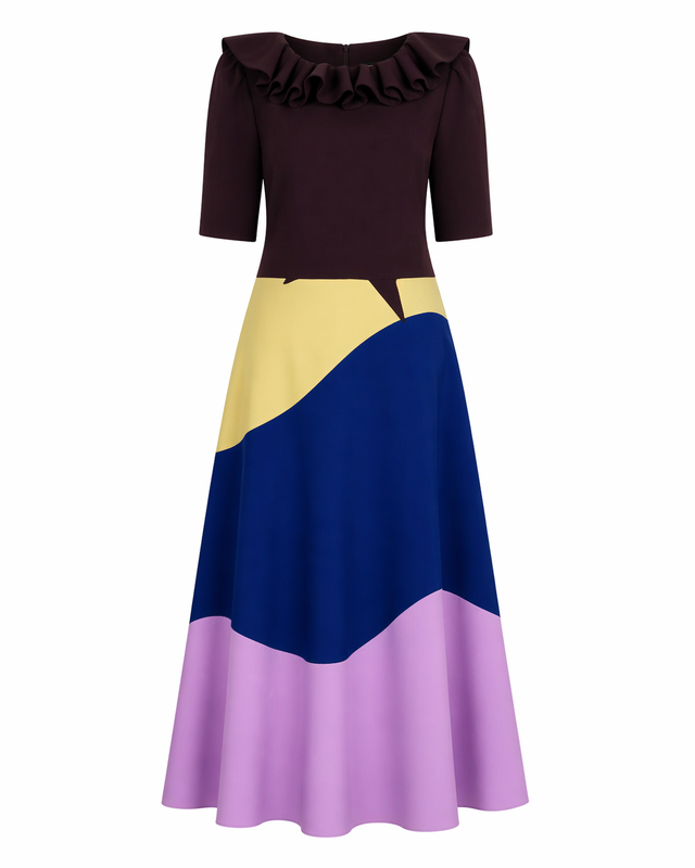 Valentino Colorblock Midi Dress with Ruffle Neckline
